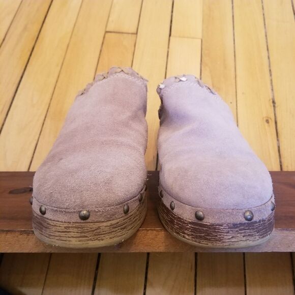 Vintage 90s y2k Maurices Tan Suede Leather Whipstitch Boho Western Clogs Mules - Picture 5 of 11